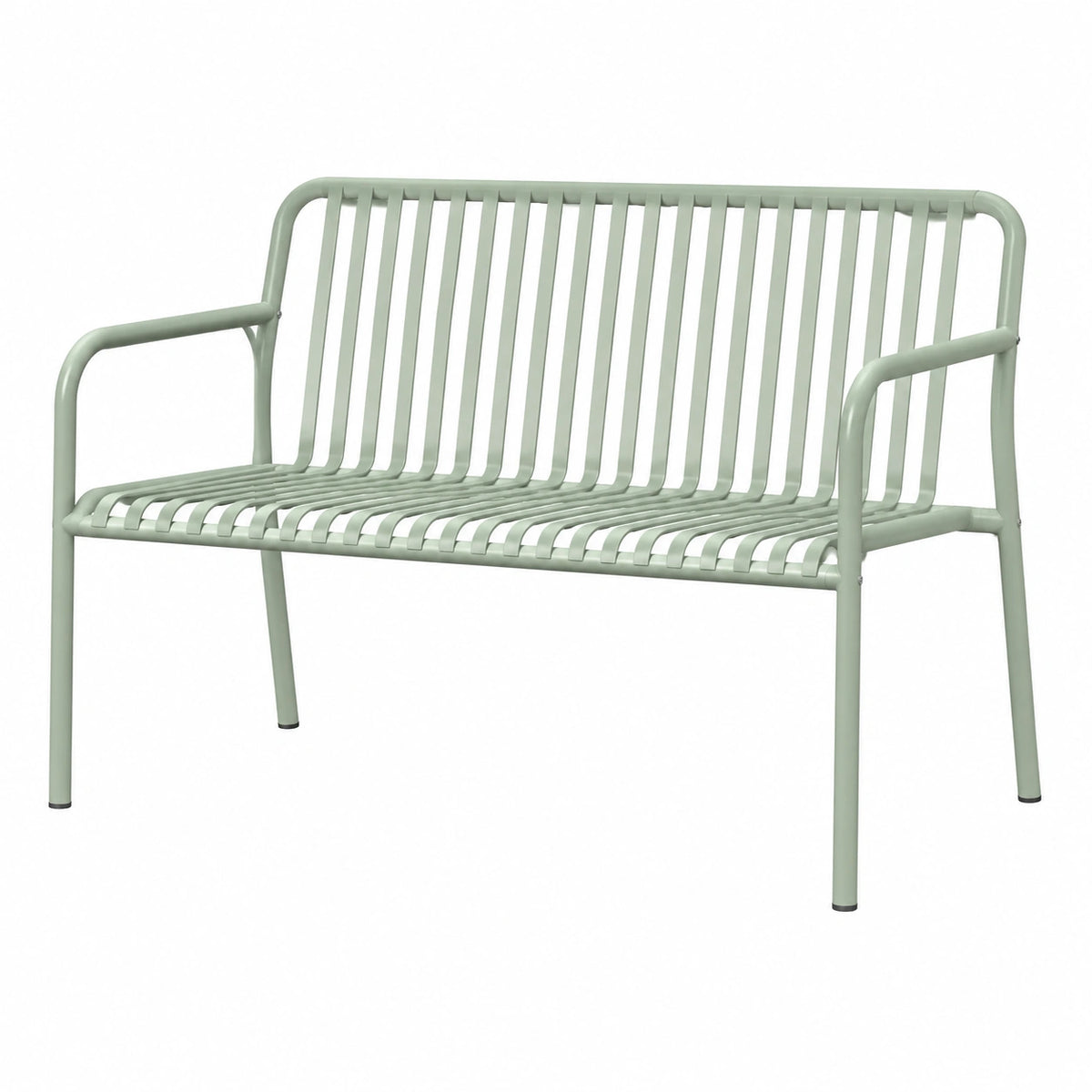 Banc d'extérieur contemporain en métal vert sauge avec accoudoirs, 120 x 60 x 80 cm