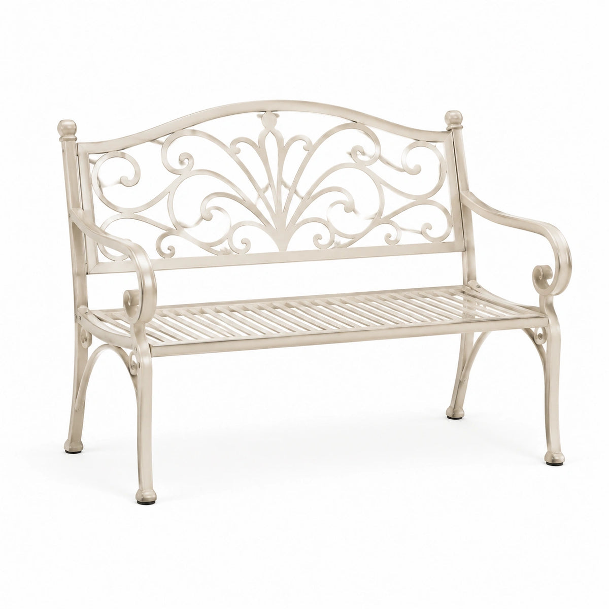 Banc de jardin romantique en métal beige à dossier ajouré, 122 x 62 x 95 cm