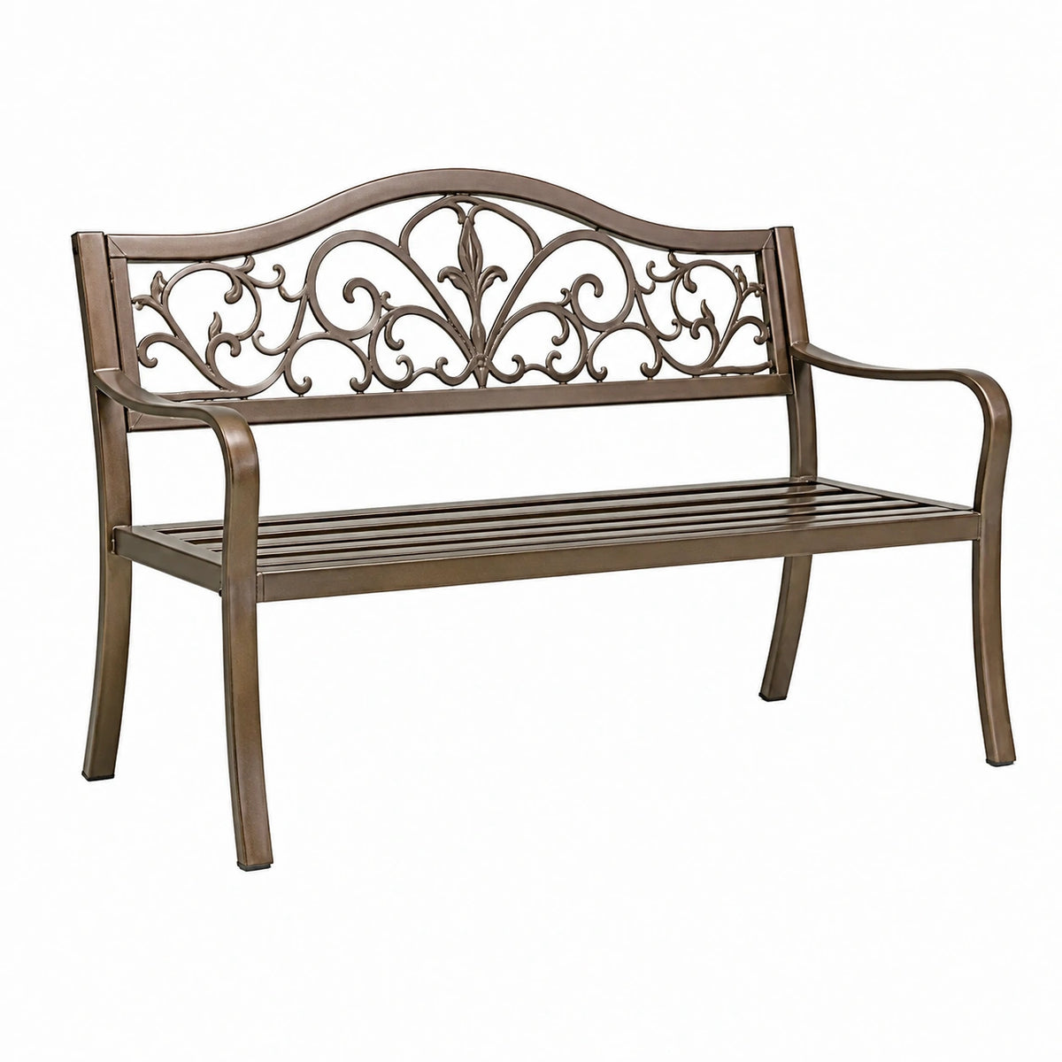 Banc d'extérieur 2 places en métal bronze 127 x 61 x 94 cm avec accoudoirs décoratifs
