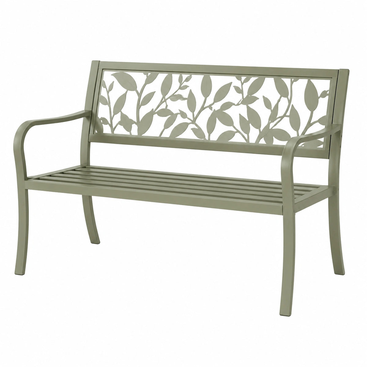 Banc de jardin 2 places en acier vert sauge à motif végétal, 122 x 60 x 88 cm