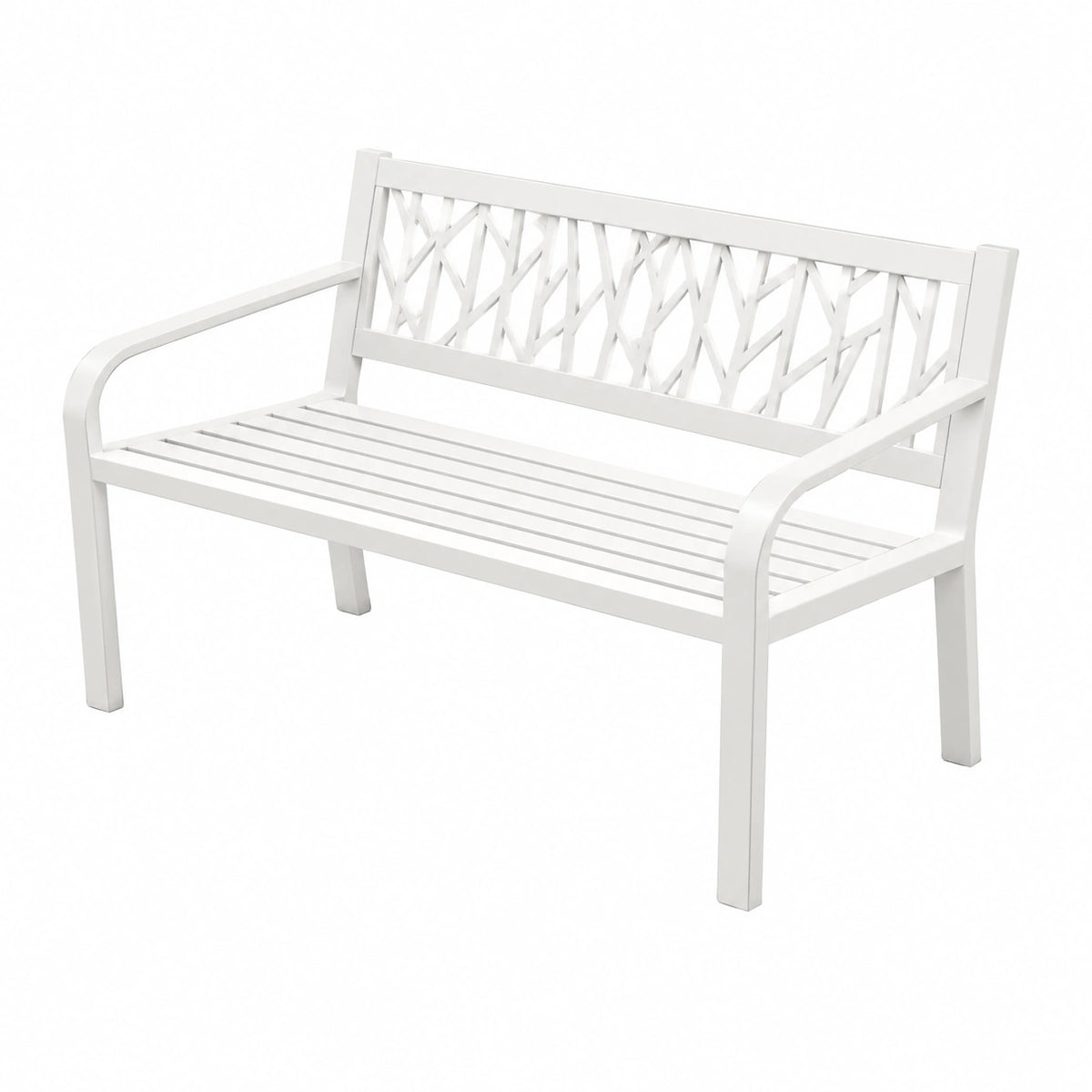 Banc de jardin en métal blanc avec dossier ajouré, 120 x 60 x 85 cm