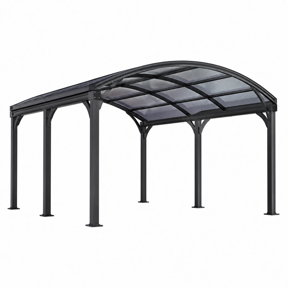 Abri voiture 500 x 300 x 250 cm en acier noir avec toiture cintrée en polycarbonate transparent