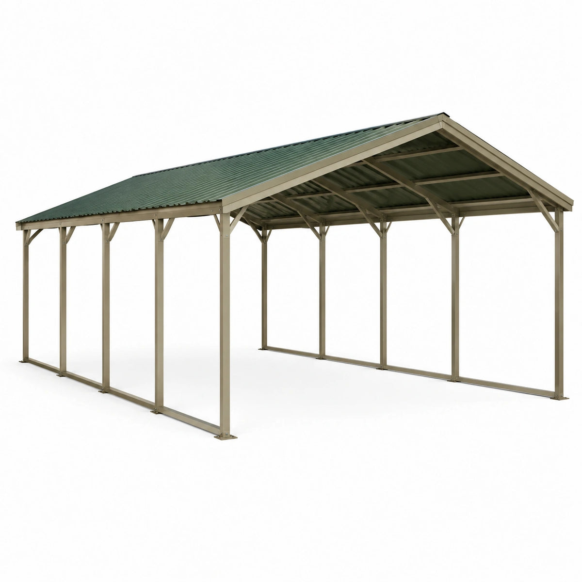 Abri extérieur en acier beige et vert 600 x 300 x 270 cm avec toiture à deux pentes