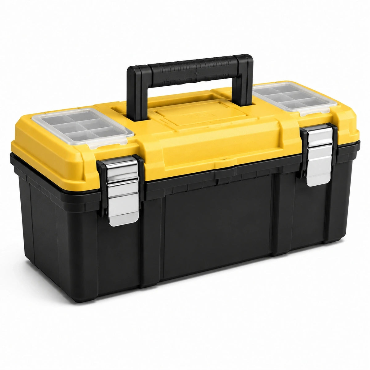 Boîte à outils en plastique noir et jaune 50 x 25 x 25 cm avec organiseurs transparents et poignée