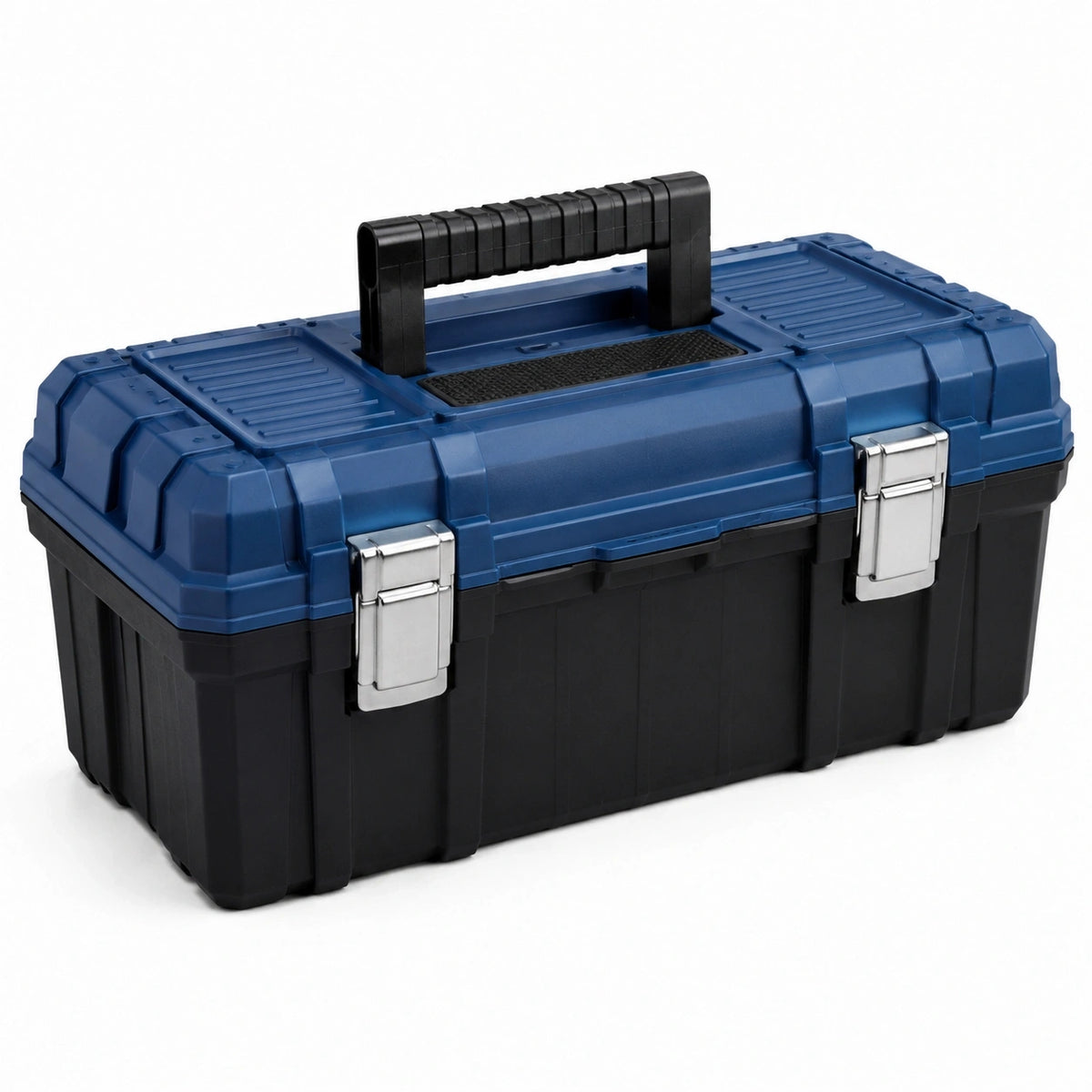 Boîte à outils en plastique 50 x 25 x 25 cm Bleu, Noir et Argent avec poignée repliable et fermoirs métalliques