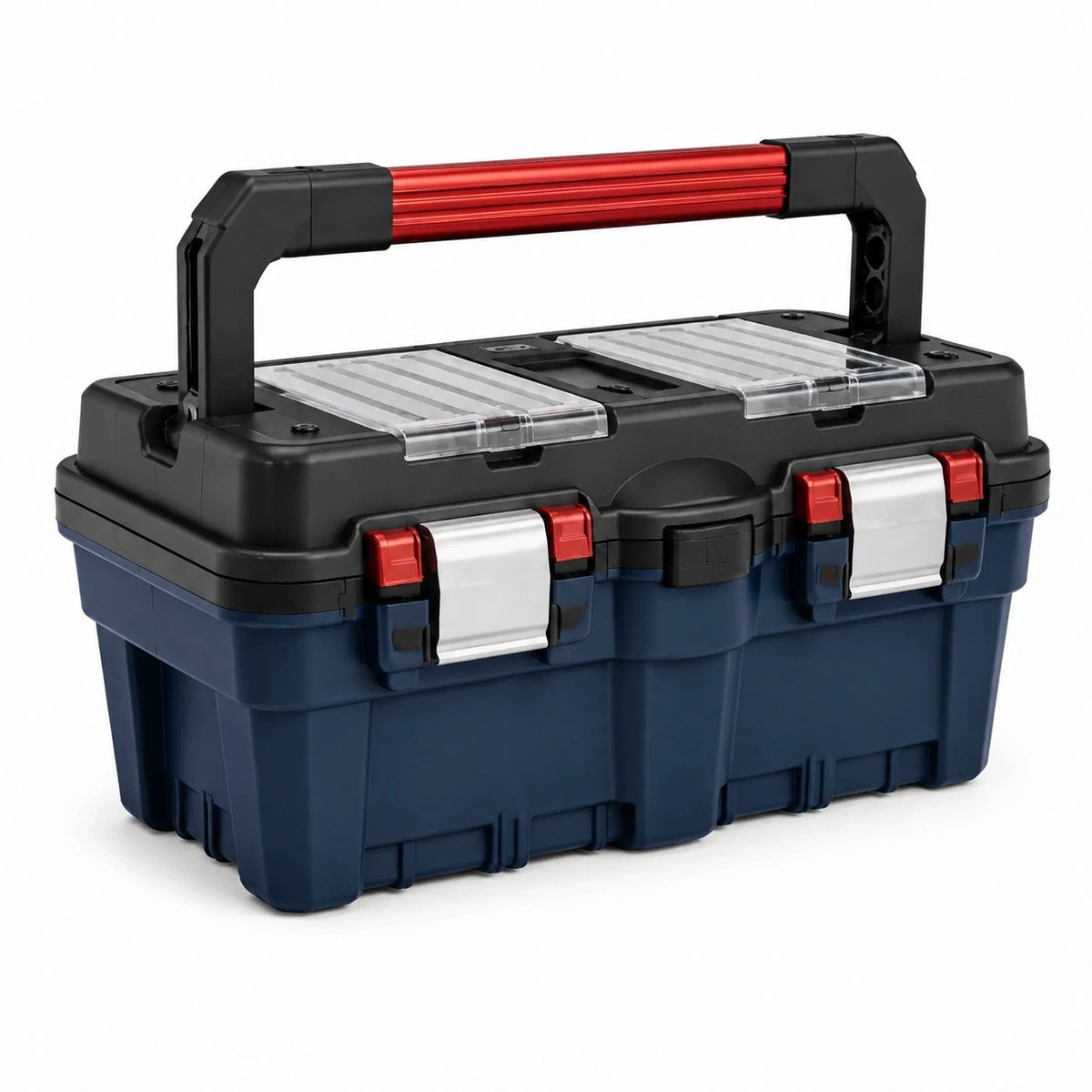 Boîte à outils portable en plastique bleu foncé, noir, rouge et transparent, 50 x 25 x 25 cm
