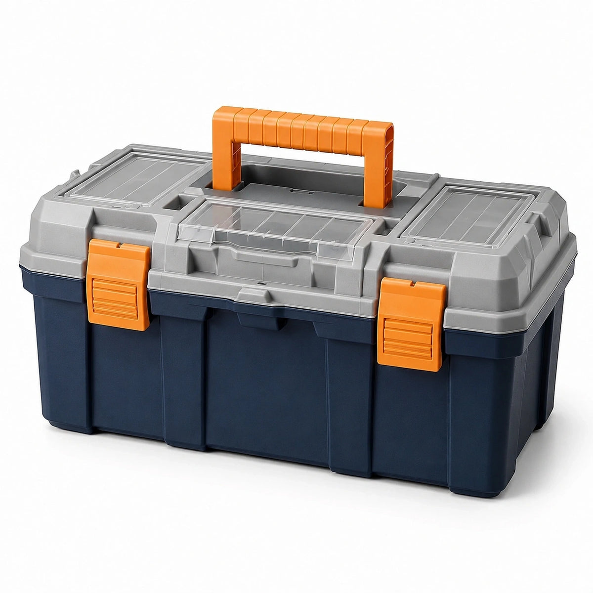 Boîte à outils en plastique 50 x 28 x 25 cm Bleu marine, Gris et Orange avec poignée rabattable et compartiments