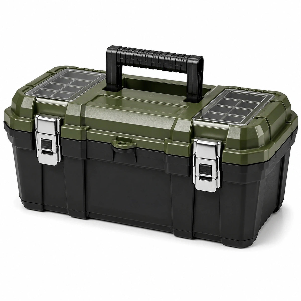 Boîte à outils en plastique 50 x 27 x 25 cm Vert, Noir et Transparent avec organiseurs et poignée
