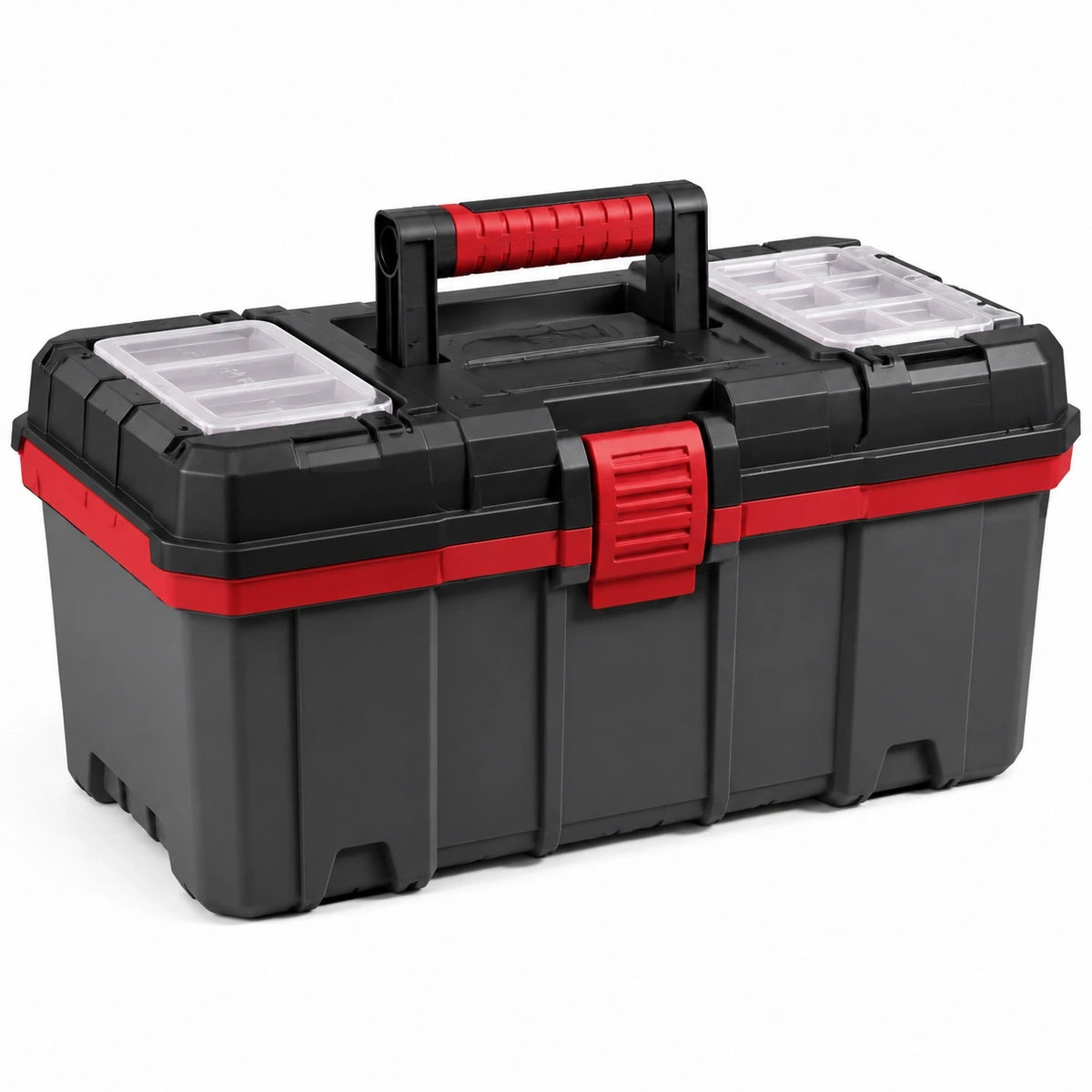 Boîte à outils portable en plastique noir, rouge et transparent avec organiseurs, 50 x 25 x 25 cm