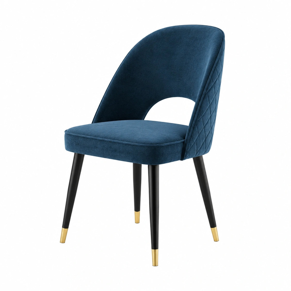 Chaise contemporaine en velours Bleu 55 x 60 x 85 cm, pieds Noir et embouts Doré