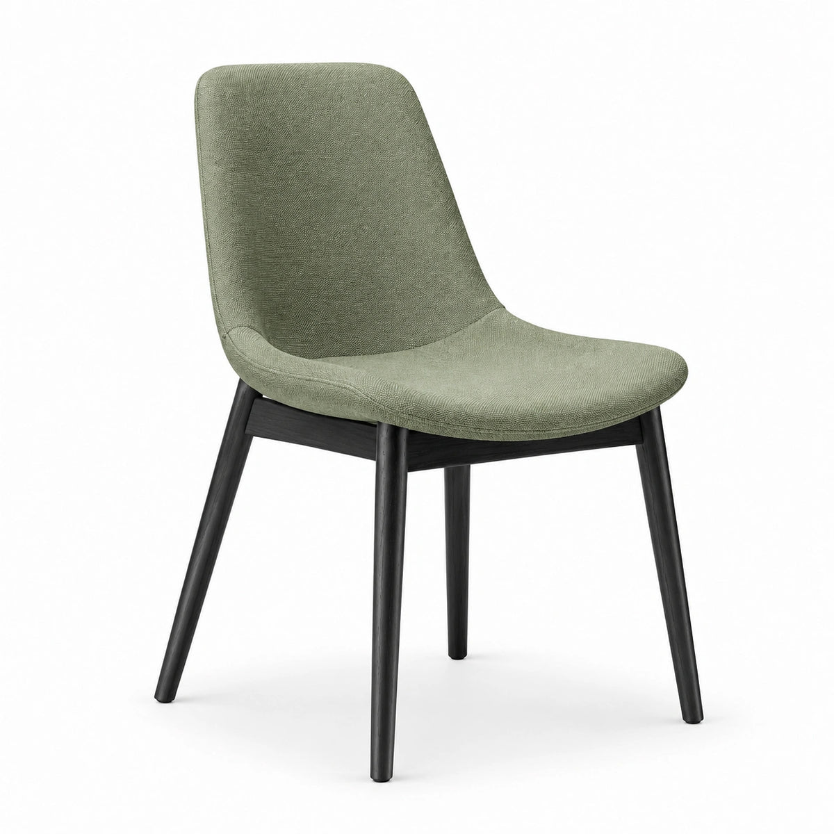 Chaise contemporaine en tissu vert texturé avec pieds en bois noir, 50 x 56 x 84 cm