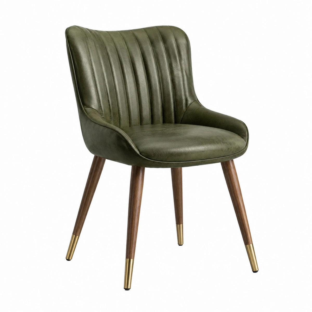 Fauteuil moderne en similicuir vert, pieds en bois brun et finitions dorées, 58 x 62 x 83 cm