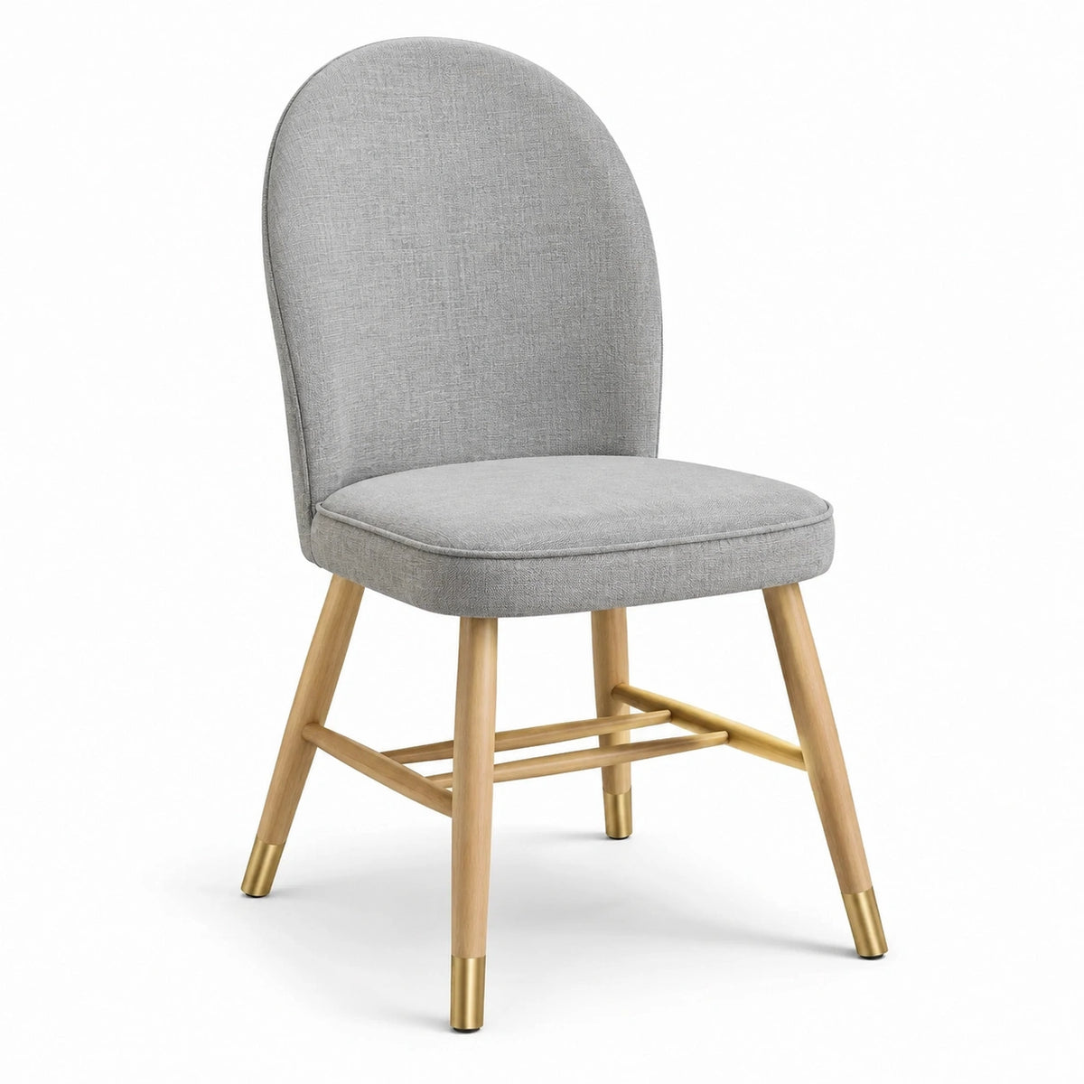 Chaise contemporaine en tissu gris avec pieds en bois clair et embouts dorés, 50 x 55 x 85 cm