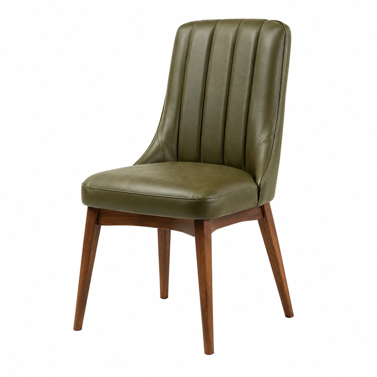 Chaise contemporaine vert olive et marron, revêtement aspect cuir, pieds en bois, 52 x 61 x 88 cm