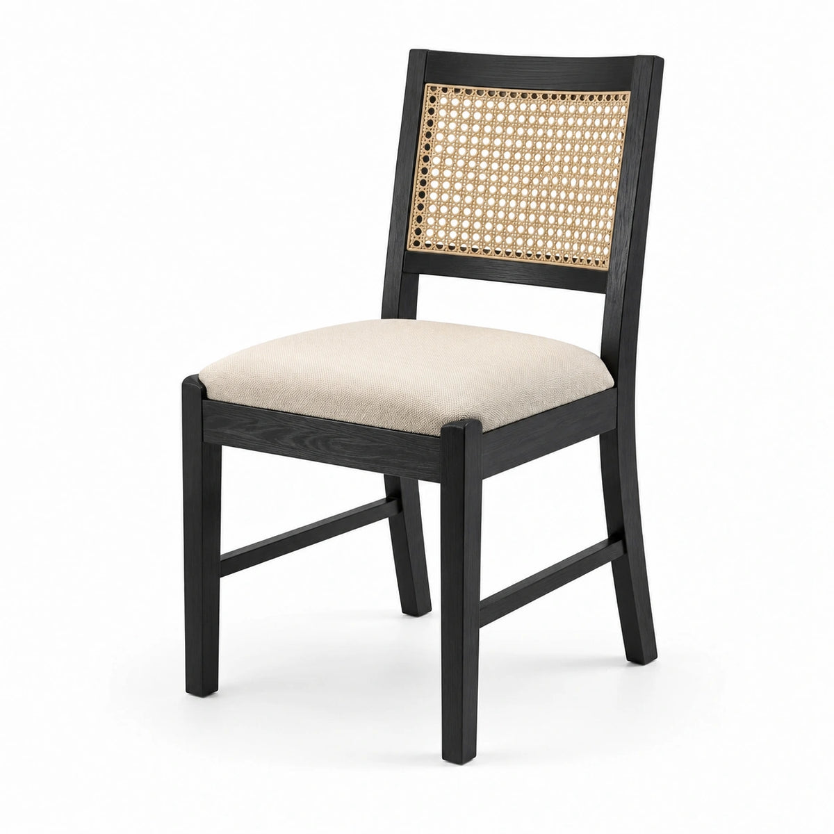 Chaise vintage en bois noir, cannage naturel et assise beige – 50 x 56 x 85 cm