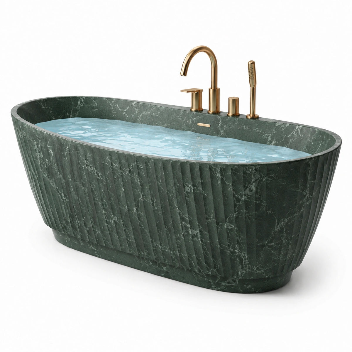 Baignoire îlot ovale en marbre vert foncé et doré, 170 x 75 x 58 cm