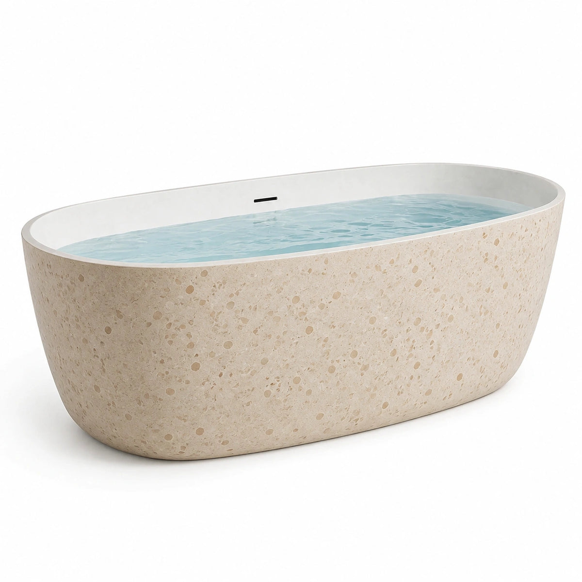 Baignoire îlot contemporaine en résine minérale aspect terrazzo beige et blanc, 170 x 80 x 58 cm