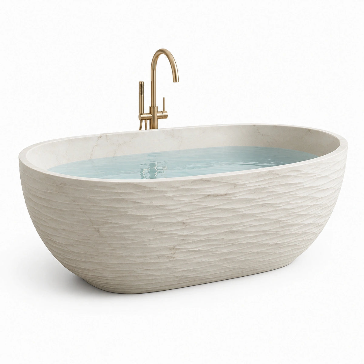 Baignoire îlot contemporaine en résine minérale blanc crème, 170 x 80 x 58 cm