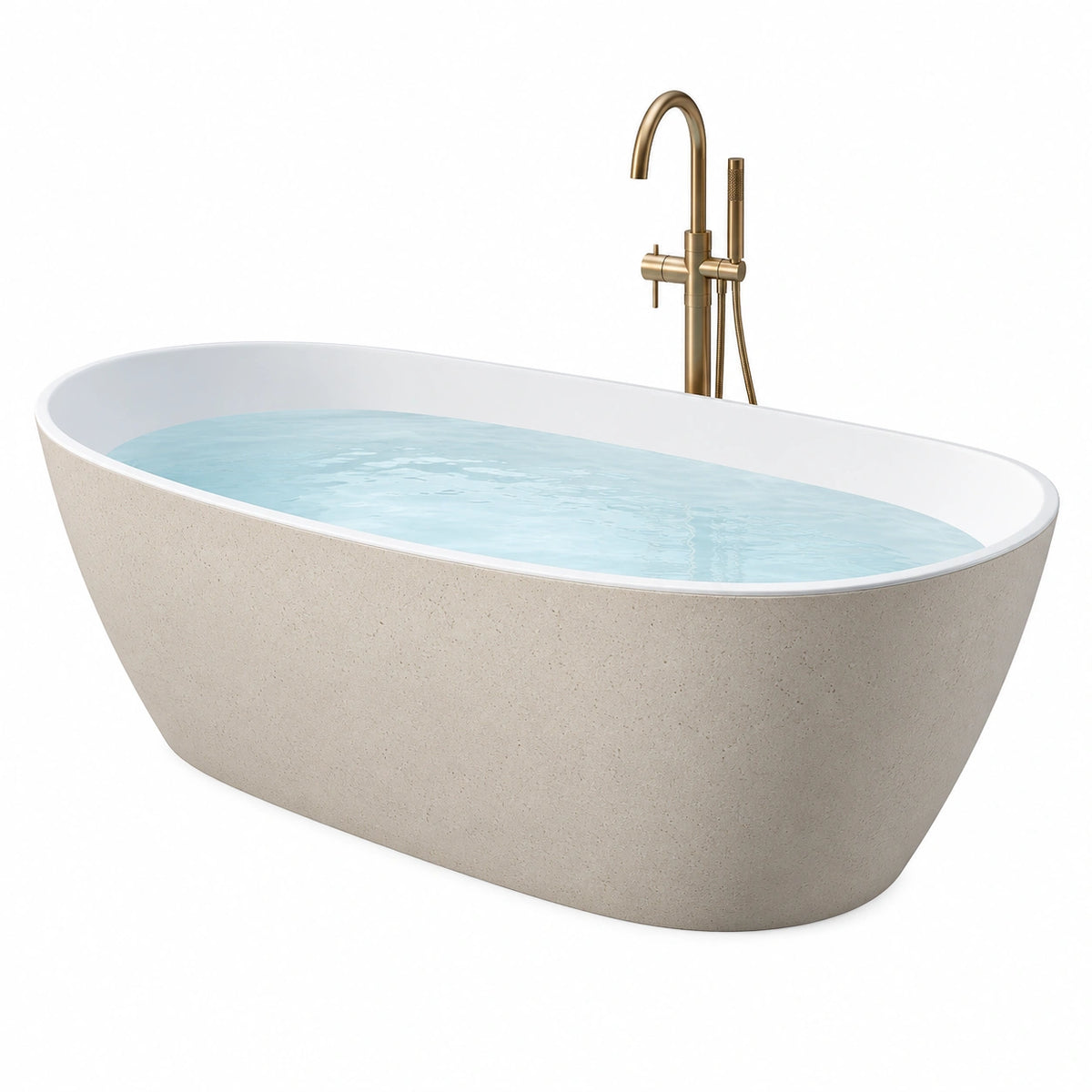 Baignoire îlot ovale 170 x 75 x 58 cm en composite beige et blanc, style contemporain